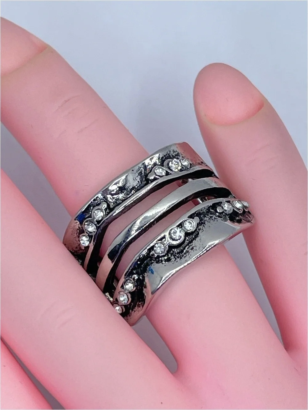 Silver Tone Crystal Stretch Ring Wide Band Statement Ring